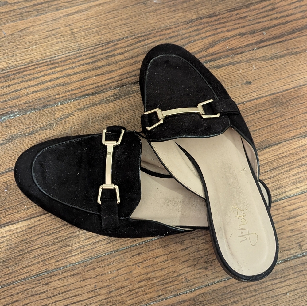 Black and Gold Backless Loafers with Flat Sole